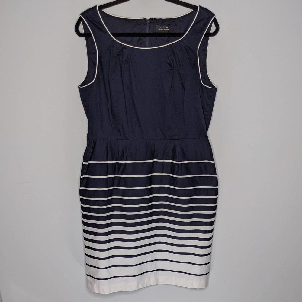 TAHARI • Striped Navy White Sleeveless Dress Sz 14 - Picture 1 of 8